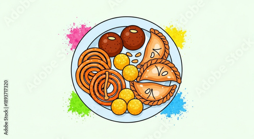 Traditional indian sweets and snacks on a plate with colorful background for diwali celebration