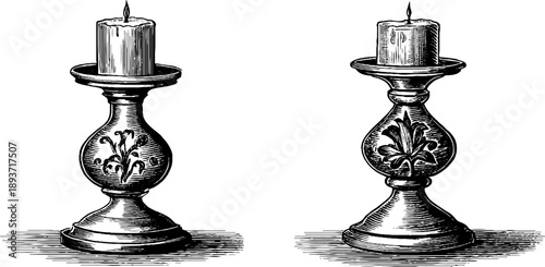 Vintage ornamental candlestick design with classical botanical elements for decorative print