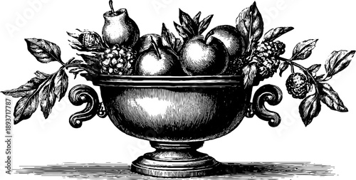 Vintage ornamental dish with botanical motif engraving design for decor