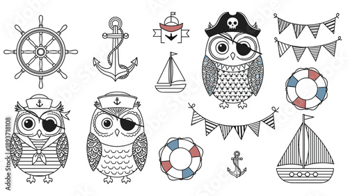 Nautical line art collection featuring owls in pirate and sailor outfits along with ships anchors and lifebuoys on white.