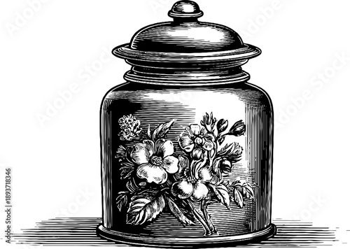 Ornamental lidded jar with botanical design vintage 19th century engraving