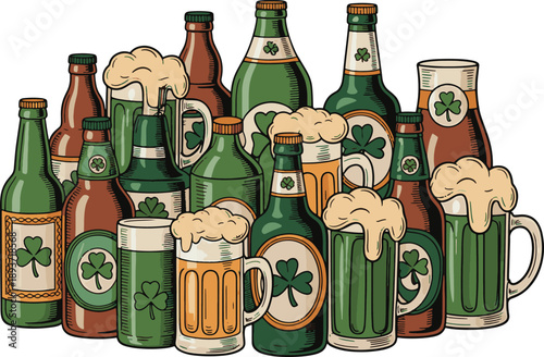Assorted Beer Bottles and Frothy Mugs
