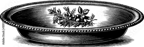 Ornamental tray with raised edge featuring vintage botanical engraving for decorative purposes