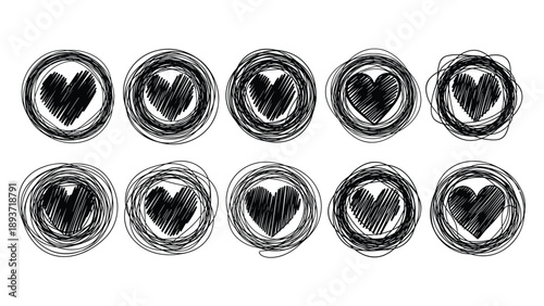 Grid of ten circular frames each enclosing a hand-drawn scribbled black heart on a plain white background for design.