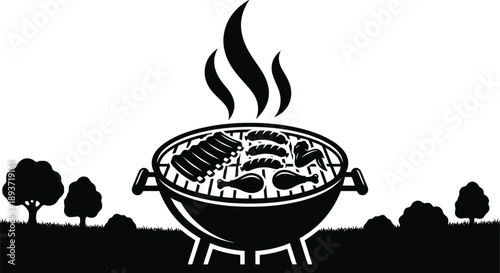 Round BBQ Grill with Smoke and Meat Silhouette Vector