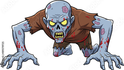 Cartoon zombie crawling with glowing eyes, blue skin, sharp teeth, tattered shirt, horror-themed character for Halloween and games