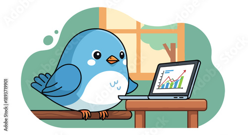 Flat vector illustration of a cute bird working on a laptop at desk, remote work concept with friendly character design, productivity, digital lifestyle, and modern home office theme
