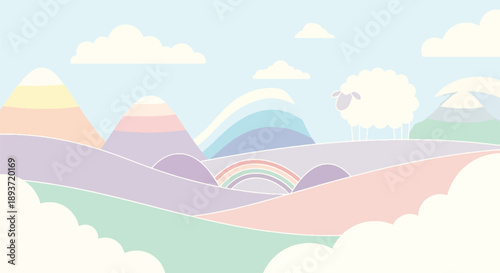 Flat vector illustration of pastel rainbow landscape with soft hills and clouds, dreamy fantasy background, peaceful nature scene, minimalist design and calming aesthetic