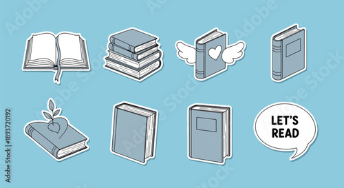 Flat vector illustration set of book stickers with reading icons and typography, education theme, cute stationery design, learning inspiration and literary lifestyle concept