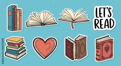 Flat vector illustration set of book stickers with reading icons and typography, education theme, cute stationery design, learning inspiration and literary lifestyle concept