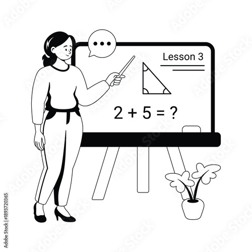 Math teacher explaining a lesson on board during class, glyph illustration