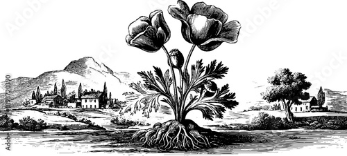Vintage botanical engraving of poppy seed plant in agricultural landscape