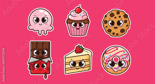 Flat vector illustration set of kawaii dessert stickers, cute sweets with expressive faces, fun snack icons, playful food characters for decoration and design use