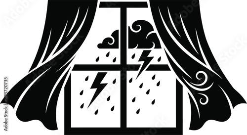 Thunderstorm Window Silhouette Vector – Wind Rain Lightning Behind Curtains