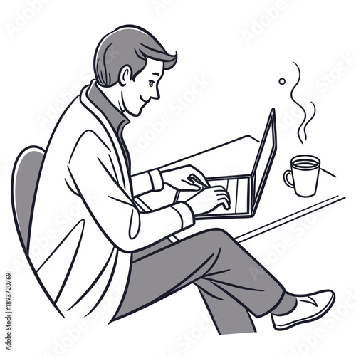 Man working on laptop with coffee