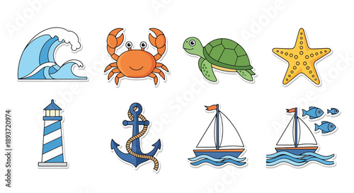 Flat vector illustration set of cute sea and ocean stickers  icons in bright solid colors