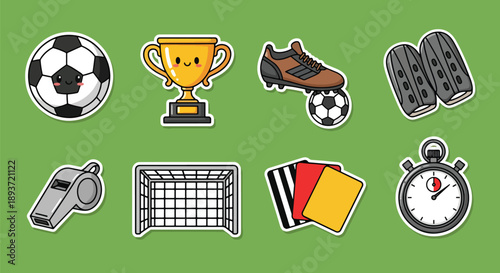 Flat vector illustration set of soccer stickers including football ball, goal, whistle, trophy, jersey, referee cards, and sports icons in clean cartoon style with solid colors