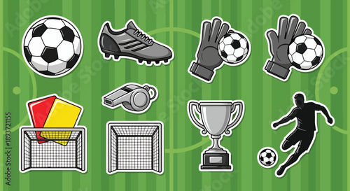 Flat vector illustration set of soccer stickers including football ball, goal, whistle, trophy, jersey, referee cards, and sports icons in clean cartoon style with solid colors