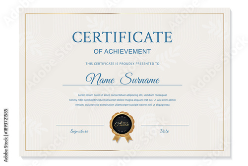 Minimalistic achievement certificate template with professional gold accents and gold seal. Modern graduation document for business recognition or school completion. Fully editable vector layout.