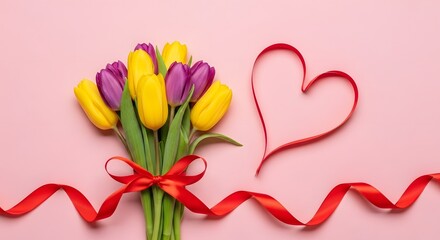 Romantic Tulip Bouquet with Heart on Pink Background – Spring Floral Love Concept