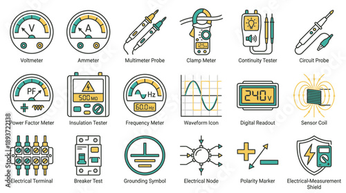 Explore electrical measurement icons, a voltmeter, ammeter, probes and more, a dynamic toolset for electronics enthusiasts, a modern design for technical projects