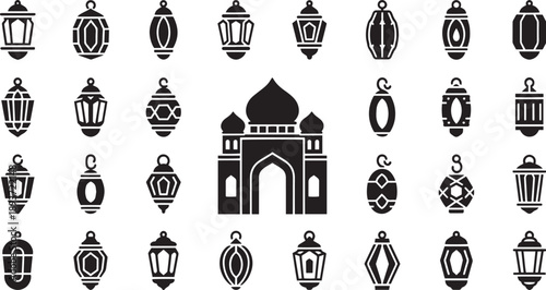 Islamic Ramadan Kareem and Eid Mubarak Celebration Icon Set - Religious Lanterns, Mosque Architecture, and Spiritual Symbols Glyph Vectors