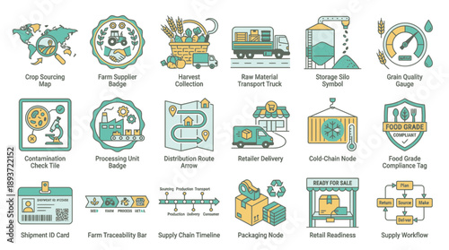 Streamline Food Supply Chains with these Modern Icons Illustrating Farm to Retail Processes and Quality Assurance, Perfect for Presentations or Websites