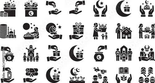Islamic Ramadan and Eid Celebration Icon Set - Religious Rituals, Mosque and Fasting Symbols