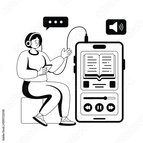 Student learning through educational audio lessons, glyph illustration