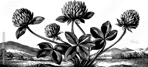 Red clover wild flower 19th century vintage botanical engraving for nature and design