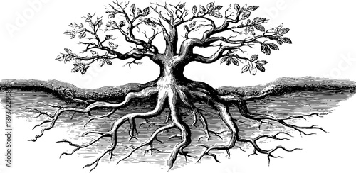 Vintage botanical root cross section anatomy engraving for educational design