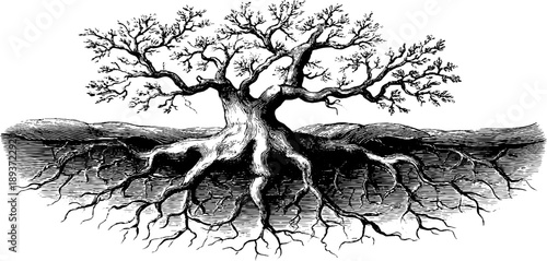 Botanical anatomy of tree roots and trunk cross section in vintage style engraving