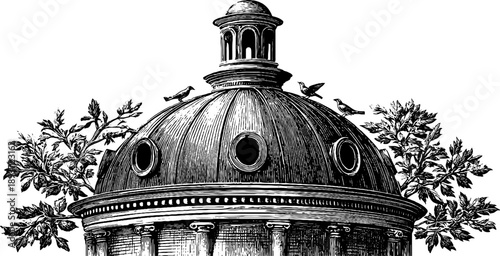 Vintage botanical engraving of round oculus window with 19th century detail