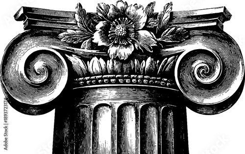 Intricate 19th century botanical column detail with round window oculus design