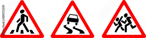 Red Triangle Road Warning Signs for Pedestrians and Slippery Road