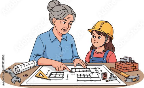Senior woman and young girl collaborating on a construction blueprint together at a workshop table