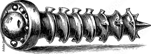 Vintage mechanical screw thread engraving with botanical elements