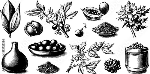 Vintage botanical seed storage engraving for botanical reference and design