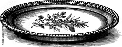 Vintage botanical engraving of a silver serving tray from the 19th century