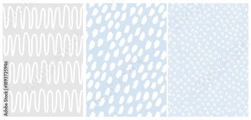 Abstract Hand Drawn Geometric Vector Patterns. White Spots, Wavy Lines and Arcs Isolated on a Pastel Blue and Gray Background. Irregular Geometric Repeatable Vector Print. Childish Endless Texture.