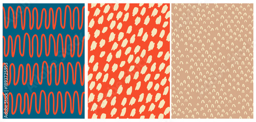 Abstract Hand Drawn Geometric Vector Patterns. Cream Spots, Red Wavy Lines and Arcs Isolated on a Red, Brown and Dark Blue Background. Childish Irregular Abstract Doodle Repeatable Print. 