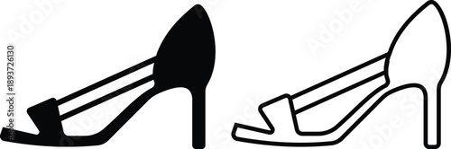 Women shoes icons set featuring heels boots sandals flats pumps silhouettes in flat and line style, female fashion footwear outline illustration collection for store web branding