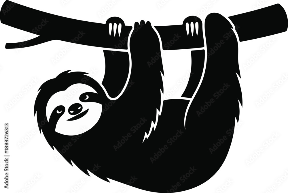 Obraz premium Cute sloth silhouette hanging on tree branch isolated on white