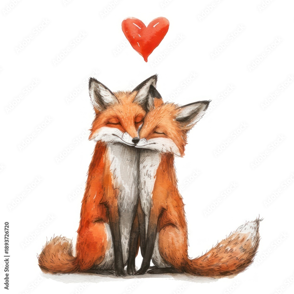 Fototapeta premium Two foxes hugging watercolor animal mammal relaxation.
