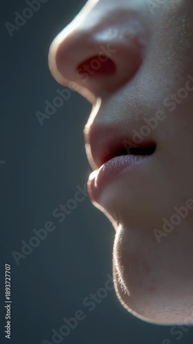Extreme macro side profile of open human lips and mouth, detailed skin texture and facial anatomy on a dark background