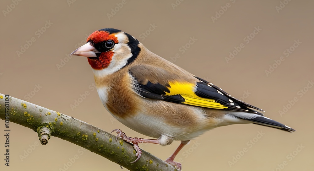 Fototapeta premium Vibrant european goldfinch perched on branch with distinctive red face white markings black wings and yellow accents against blurred beige background