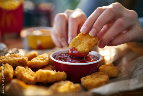 Close-up of hands dipping crispy chicken nuggets into red sauce with soft warm lighting, showing casual fast food snack and comfort eating concept
