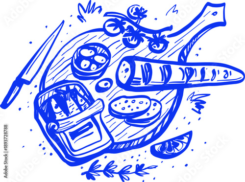 Hand Drawn Blue Line Art Charcuterie Board with Cheese, Baguette and Olives