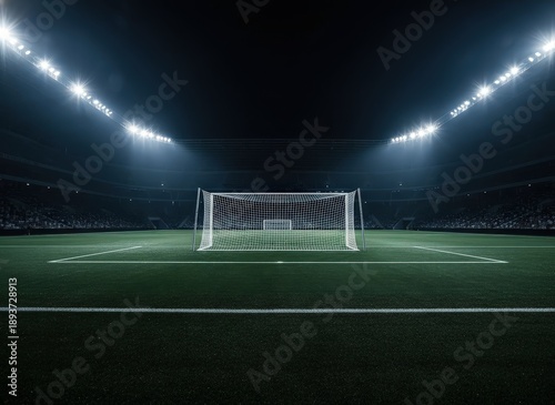 Dramatic night view of an empty professional football stadium under powerful floodlights, highlighting the pristine green pitch and goalposts, ready for a major sporting event or championship
