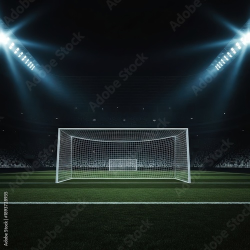 An impressive and empty soccer field at night, featuring a prominent goal post under the glare of stadium lights, setting the stage for an evening championship game